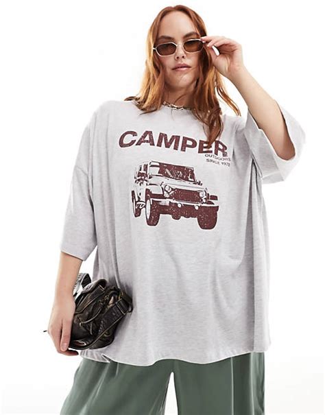 Asos Design Curve Oversized T Shirt Camper Outdoors Graphic In Ice Marl