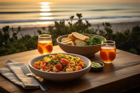 Premium Photo Sunset Seafood Dinner Beachside Bliss