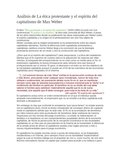 El Esp Ritu Del Capitalismo Seg N Max Weber Resumen Y An Lisis En