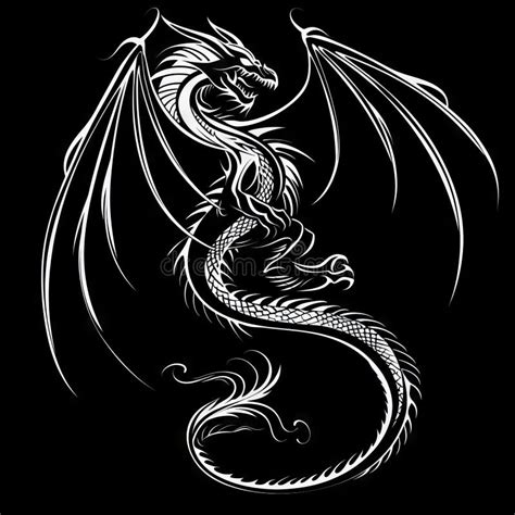 Dragon Tattoo Isolated, Tribal Wyvern Silhouette, Black White Dragon ...