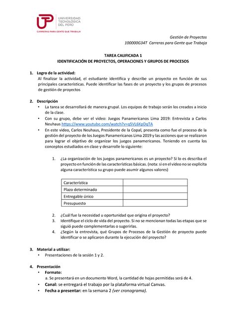 U2 S2 Tarea Calificada 1 Ecv Indicaciones Gestión De Proyectos 100000g34t Carreras Para Gente