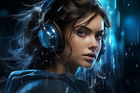 Premium AI Image | Girl with earphones on blue abstract background