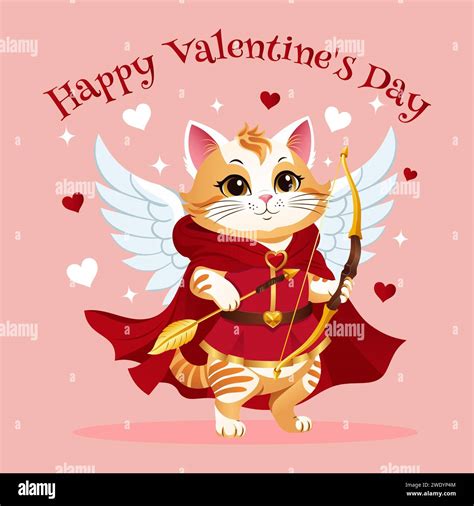 Valentines Day card with cute cat Cupid. Gaming anime character. A cat ...