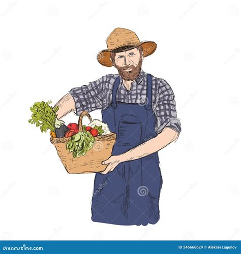 Vector Hand Drawn Vintage Style Farmer Holding Basket With Crop