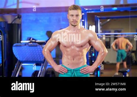 Portrait Attractive Muscular Male Bodybuilder With Naked Body Looking