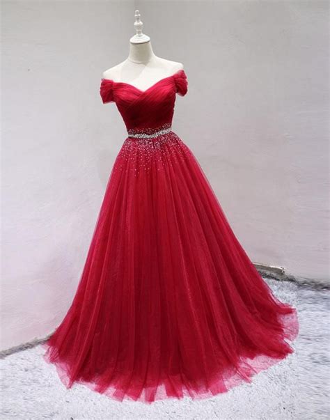 Burgundy Tulle Beads Sequin Long Prom Dress Burgundy Tulle Evening