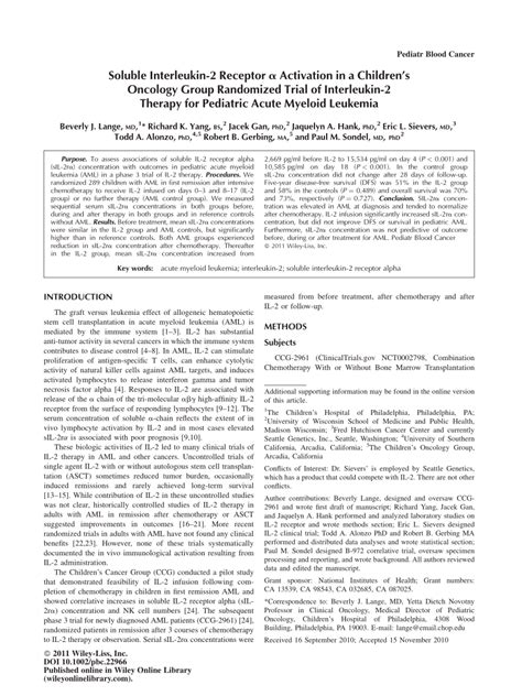 (PDF) Soluble Interleukin-2 Receptor a Activation in a Children's ...