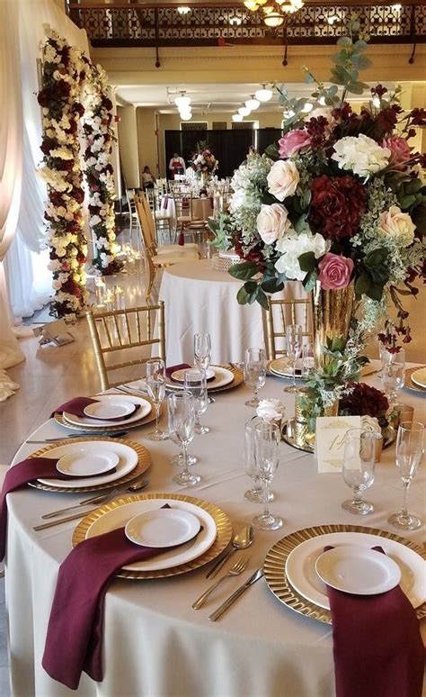 Our Reception Decor Gold And Burgundy Wedding Burgundy Wedding Theme Wedding Table