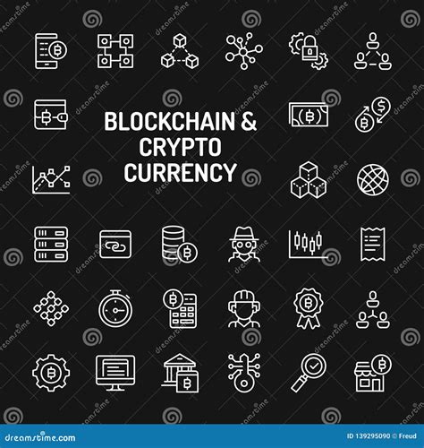 Blockchain Cryptocurrency Simple Line Icon Set Stock Vector