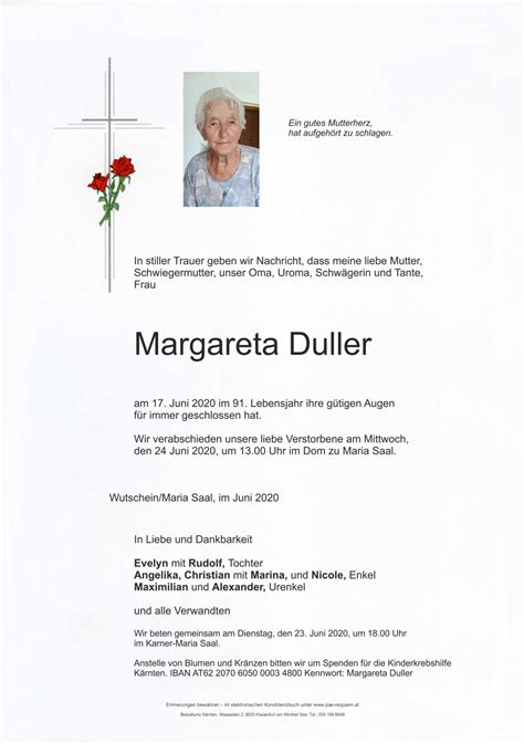 Parte für Margareta Duller pax requiem