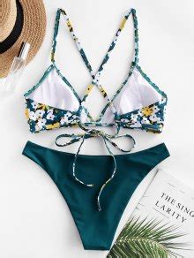 44 OFF POPULAR 2020 ZAFUL Flower Print Ruffle Criss Cross Bikini Swimsuit In GREENISH BLUE