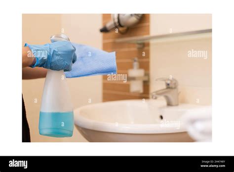 Washing The Bathroom With Detergent Using Protective Gloves Prevention