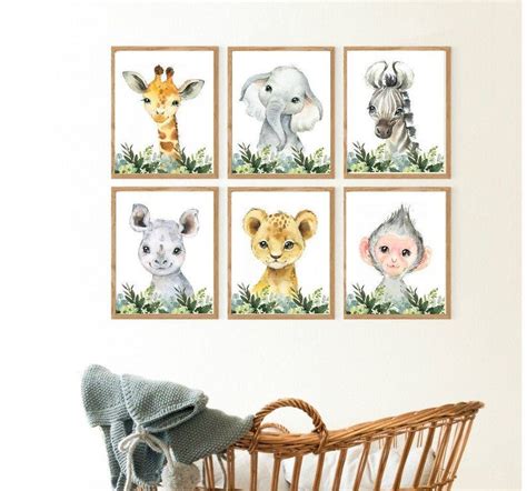 Set Of 6 Safari Animal Printsnursery Wall Decorwatercolor Etsy In