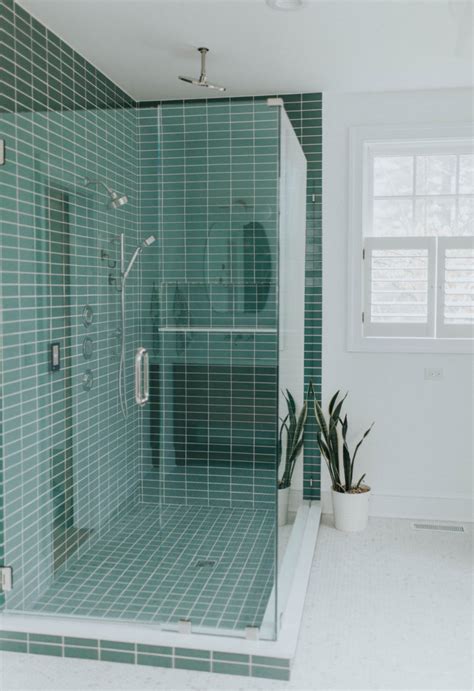 Green Shower Tile and Hexagon Floor Tile Bathroom | Fireclay Tile