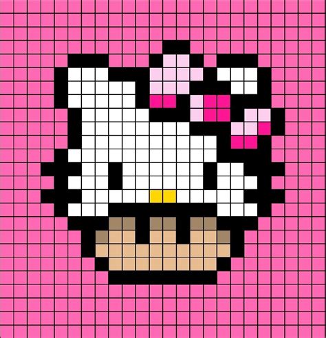 A pixel art template of a Mario mushroom themed as Hello Kitty. Easy Pixel Art, Pixel Art Grid ...