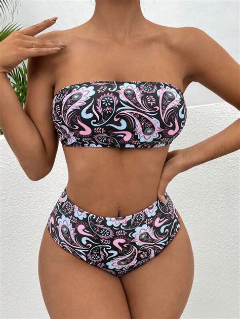 Shein Swim Bohofeel Paisley Print Bandeau Bikini Swimsuit Shein Usa