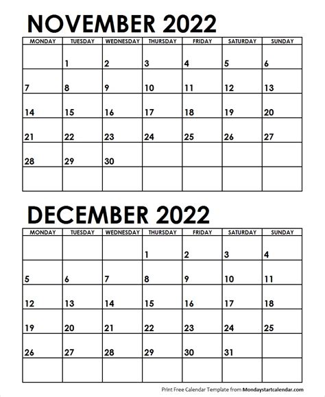 Nov Dec 2022 Calendar Monday Start Editable Two Months Template