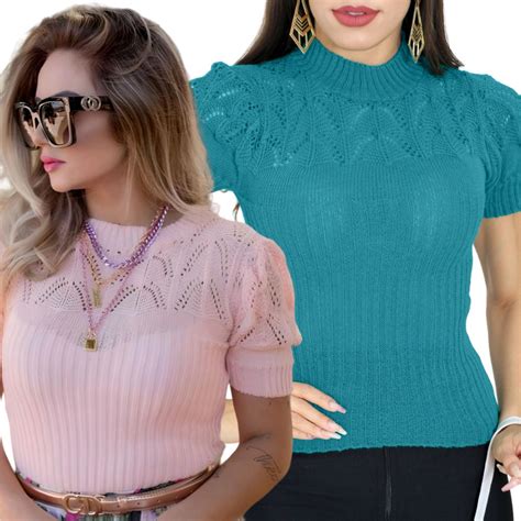 Kit 2 Blusa Tricot Manga Curta Gola Alta Shopee Brasil