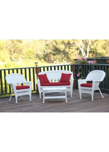 4pc White Wicker Conversation Set Red Cushions