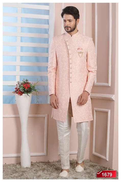 Peach Banarasi Jacquard Indo Western Sherwani At Rs Set Indo