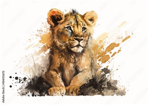 Watercolor Sketch Of A Lion Cub Hand Drawn Vector Illustration Stock