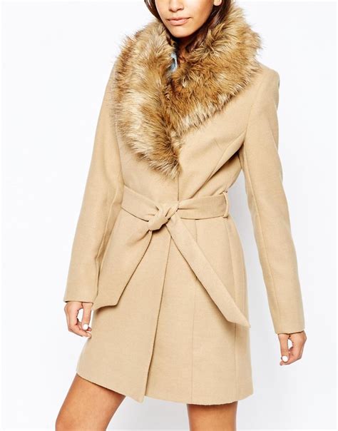 New Look Petite Faux Fur Collar Belted Coat At Asos Fur Collar