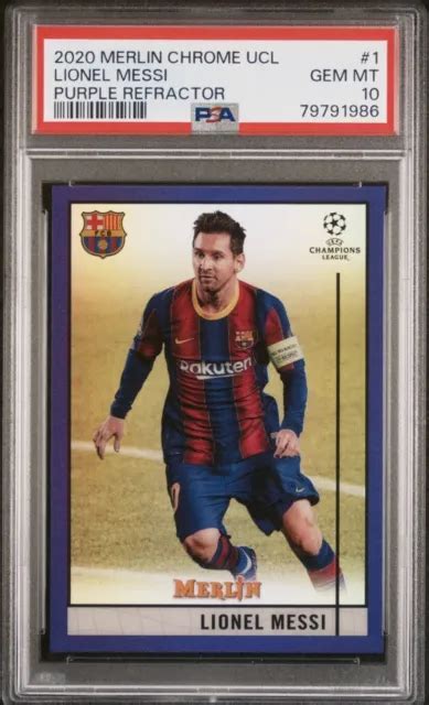 Lionel Messi 2020 21 Topps Merlin Uefa Ucl Purple Refractor 299 Psa 10