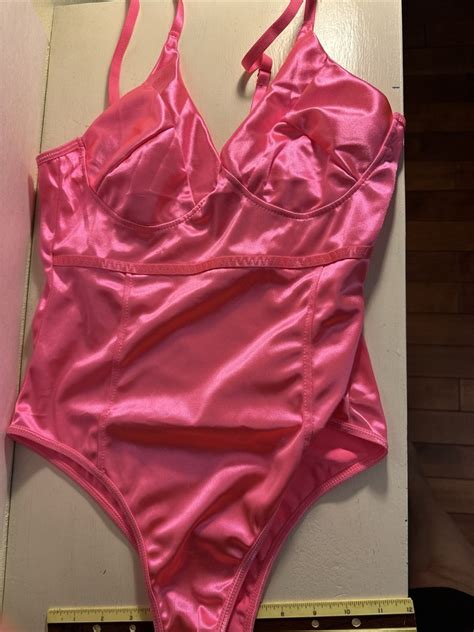 Hot Pink Vtg Second Skin Satin Glossy TEDDY Glossy Bra Hi Cut Panty BODYSUIT S EBay