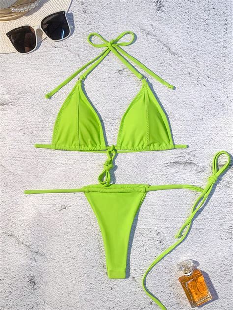 SHEIN Swim Basics Bañador bikini con tanga triángulo neón Moda de