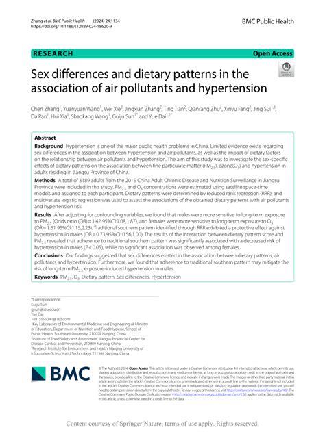 Pdf Sex Differences And Dietary Patterns In The Association Of Air Pollutants And Hypertension