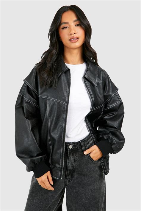 Petite Pu Contrast Stitch Oversized Bomber Jacket Boohoo Uk