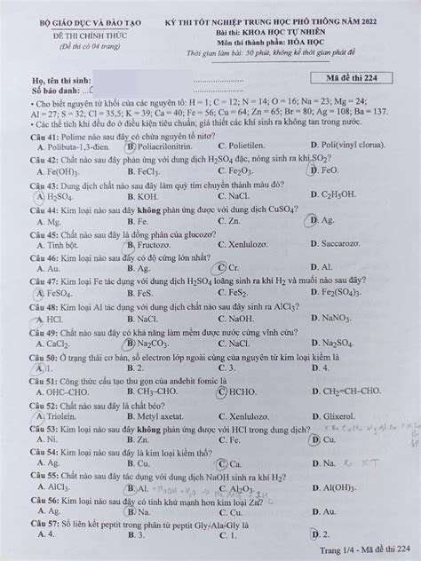 Cấu Trúc đề Thi Hóa Tốt Nghiệp Thpt Quốc Gia