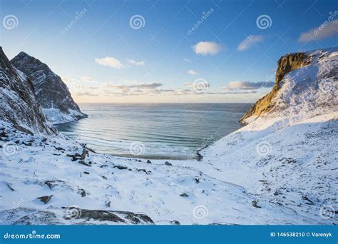 Kvalvika Beach Winter Time Hiking Amazing View In Norway On The