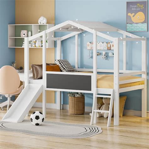 Qualler White Twin Size Low Loft Bed With Slide And Blackboard