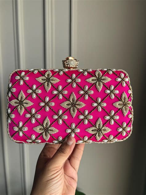 AMARI Hot Pink Clutch Purse With Rose Clasp And Gold Embroidery Gift