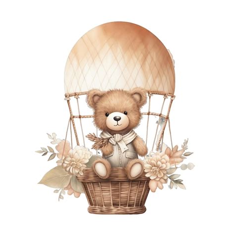 Premium AI Image Cute Watercolor Teddy Bear In A Hot Air Balloon