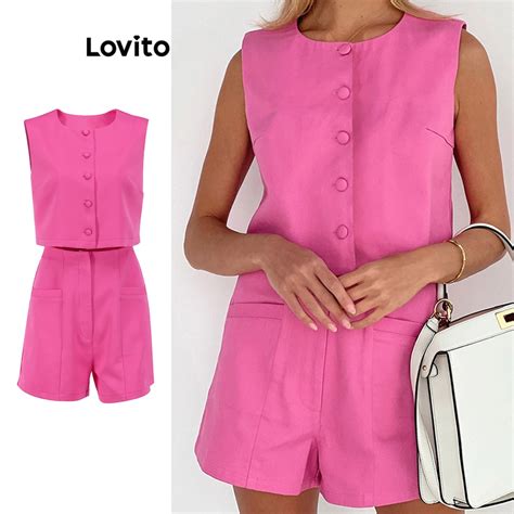 Lovito Conjuntos De Shorts Casuais Bolso E O Liso Para Mulheres