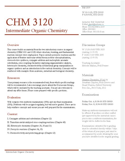 CHM 3120 Syllabus 2019 Intermediate Organic Chemistry 1 Fall 201 9 W