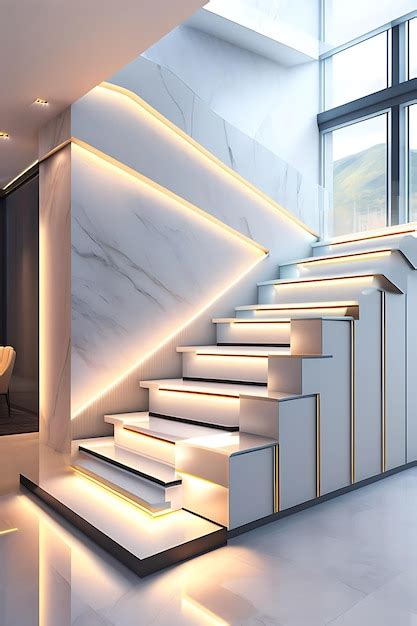 Premium Ai Image White Marble L Shape Floating Stairs Led Stripe