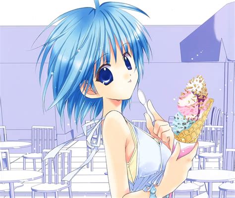 Hd Wallpaper Anime Original Blue Eyes Blue Hair Ice Cream Short