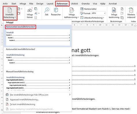Automatisk Innehållsförteckning i Word Datorfel se