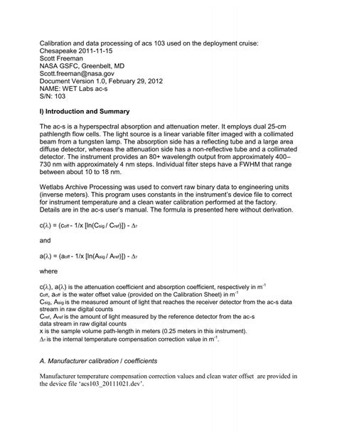 Calibration and Data Processing of ACS 103 - Ocean Color - NASA