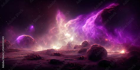 Purple space nebula. Abstract astronomy illustration. 3D render of sky ...