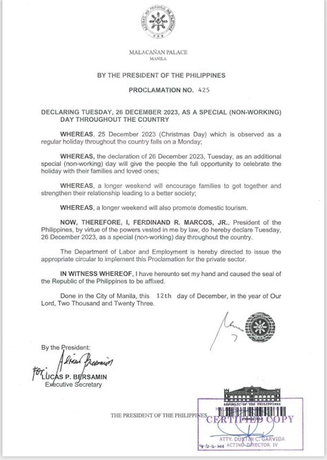 Malacañang: December 26th is a special non-working holiday - The ... 