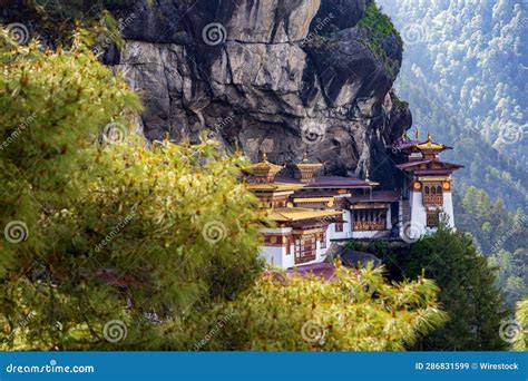 View Of The Famous Paro Taktsang Monastery Tigerss Nest Perched On