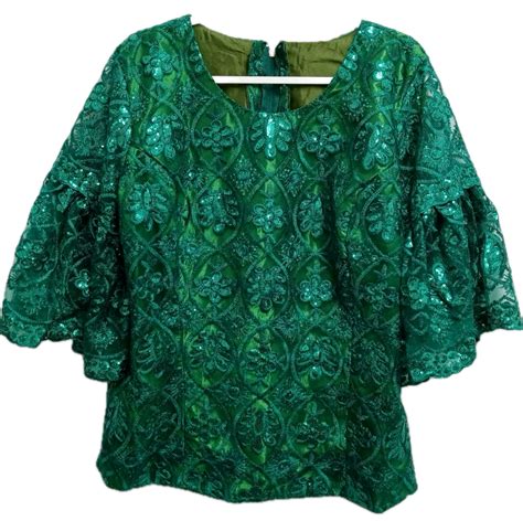 Womens Green Embroidered Sequins Lace Lined Back Zipper Bell Sleeve