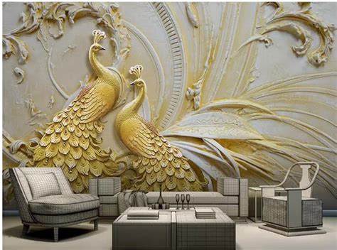 3D Custom Wall Mural Art Wall Painting Gold Two Big Peacocks Wallpaper ...