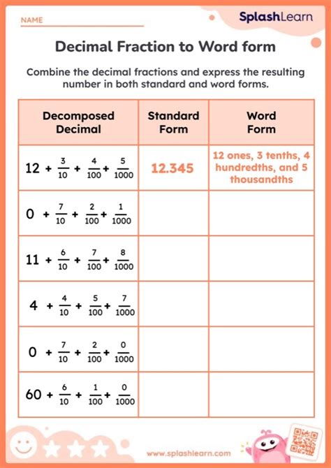 Write The Decimal Fraction In Word Form — Printable Math Worksheet