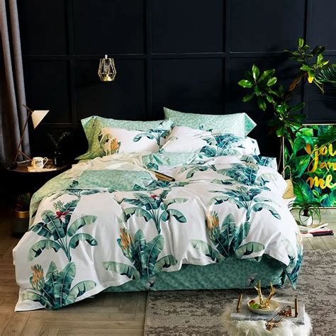 Tropical Egyptian Cotton Bedding Set Green Leaf Print Bedlinen Duvet