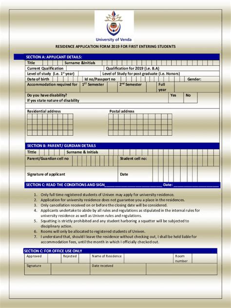 Fillable Online Residence Application Form 2019 For First Entering